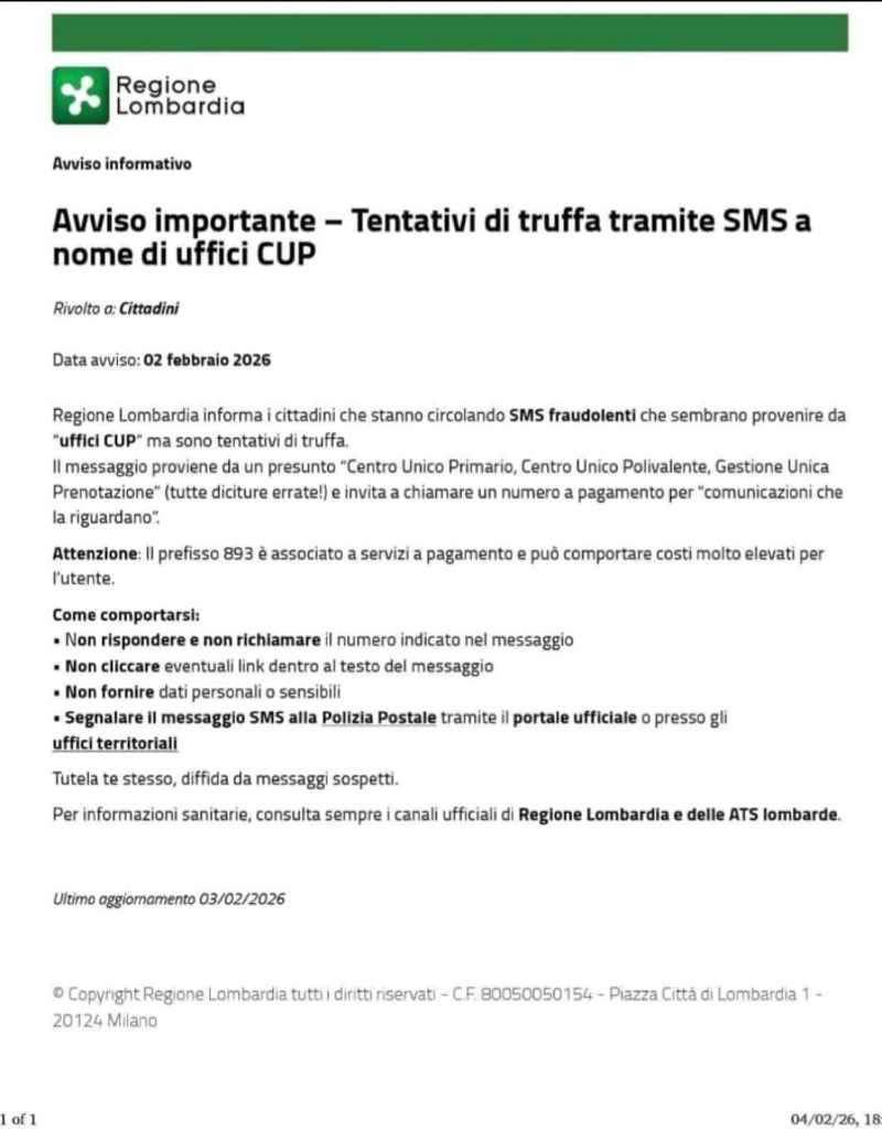 Crema - L'sms non è del Cup