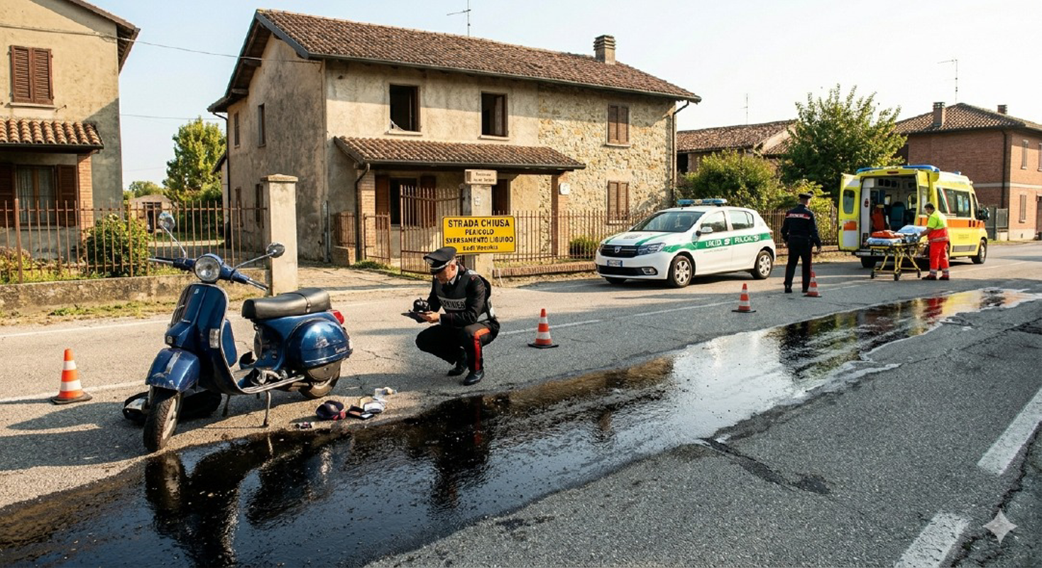 Lodi Vecchio - Scia di liquido sull’asfalto provoca incidnete