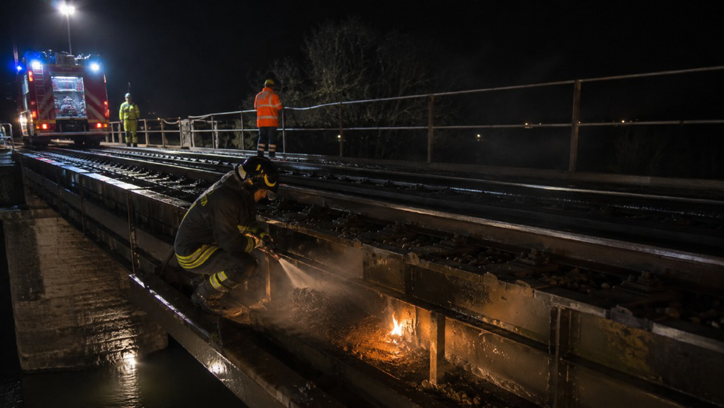 San Rocco al Porto - Trave in fiamme sul ponte ferroviario