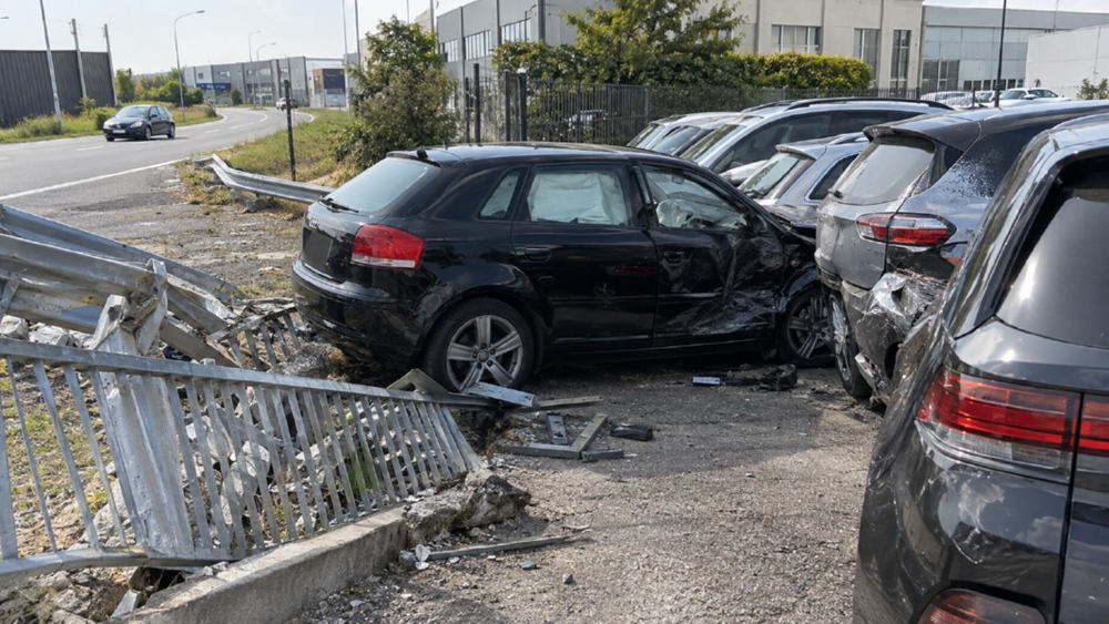 Merlino - Sfonda il guardrail e finisce nel parcheggio di una ditta