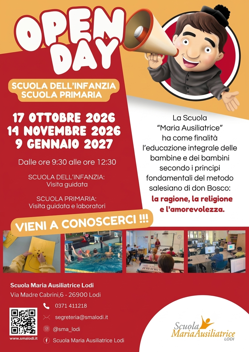 Volantino Open Day della Scuola Maria Ausiliatrice: 17 ottobre 2026, 14 novembre 2026 e 9 gennaio 2027